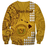 Gold unisex sweatshirt back with 'Your text!' and Hawaii crest plus tribal patterns