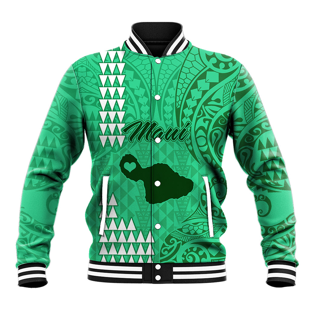 Green varsity-style baseball jacket with button front, Polynesian island motif and ribbed trim