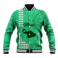 Green varsity-style baseball jacket with button front, Polynesian island motif and ribbed trim