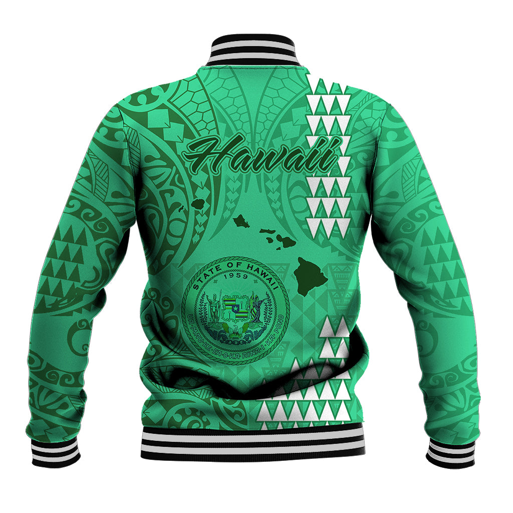 Green baseball jacket with black-and-white ribbed collar and cuffs, Polynesian tribal print