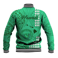 Green baseball jacket with black-and-white ribbed collar and cuffs, Polynesian tribal print