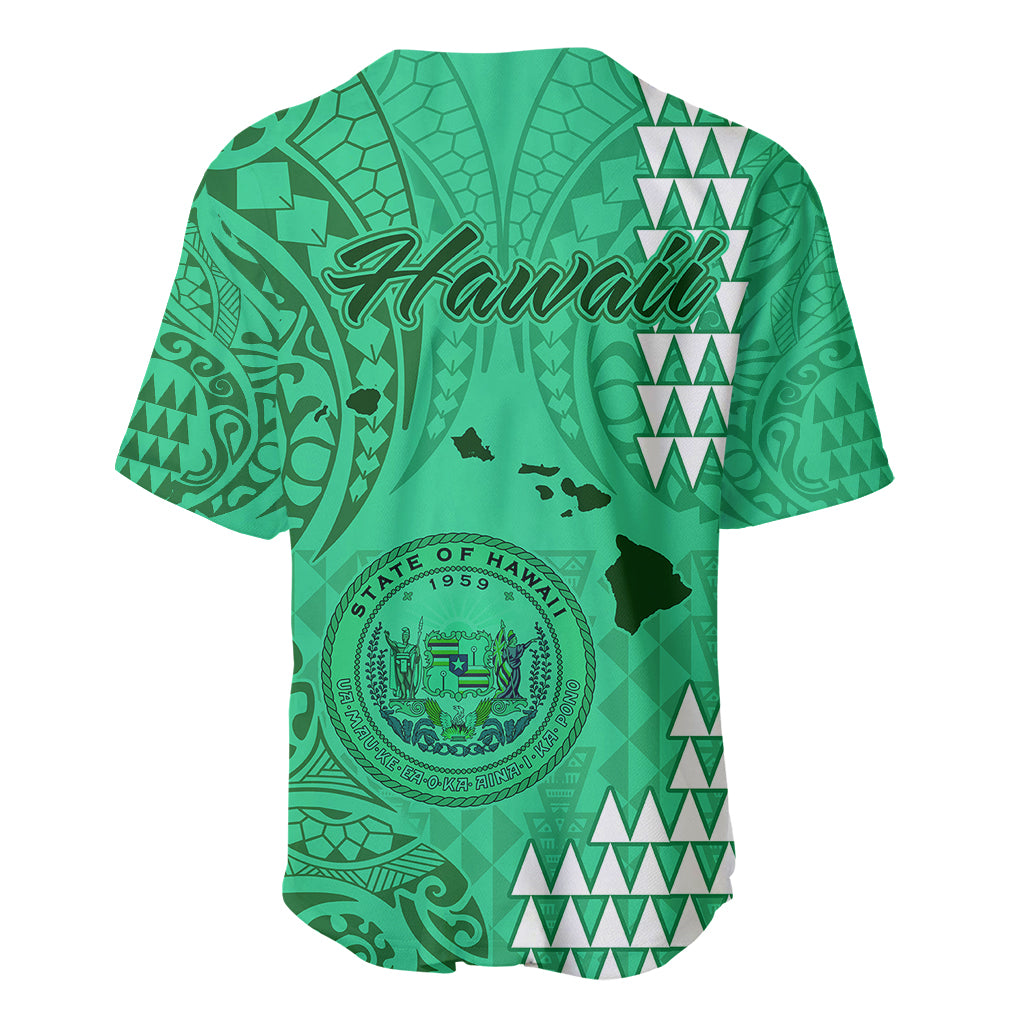 Green baseball jersey with Hawaii print, state seal and tribal map pattern, button V-neck.