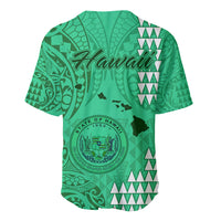 Green baseball jersey with Hawaii print, state seal and tribal map pattern, button V-neck.