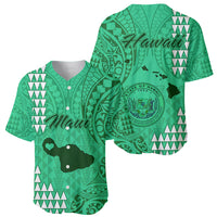 Green baseball jersey with Maui and Hawaii prints, tribal graphics, button-front V-neck.