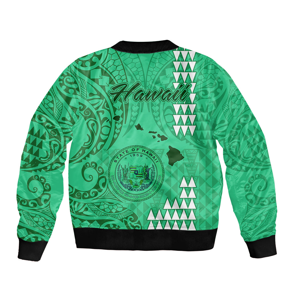 Green unisex bomber jacket back with Hawaii text, seal graphic, tribal pattern, black rib hem