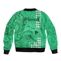 Green unisex bomber jacket back with Hawaii text, seal graphic, tribal pattern, black rib hem