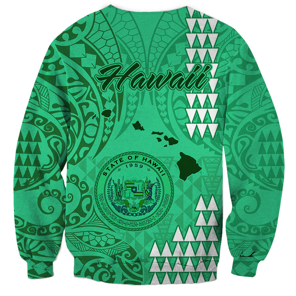 Green sweatshirt with Hawaii graphic, island silhouette, circular seal, tribal pattern, back view