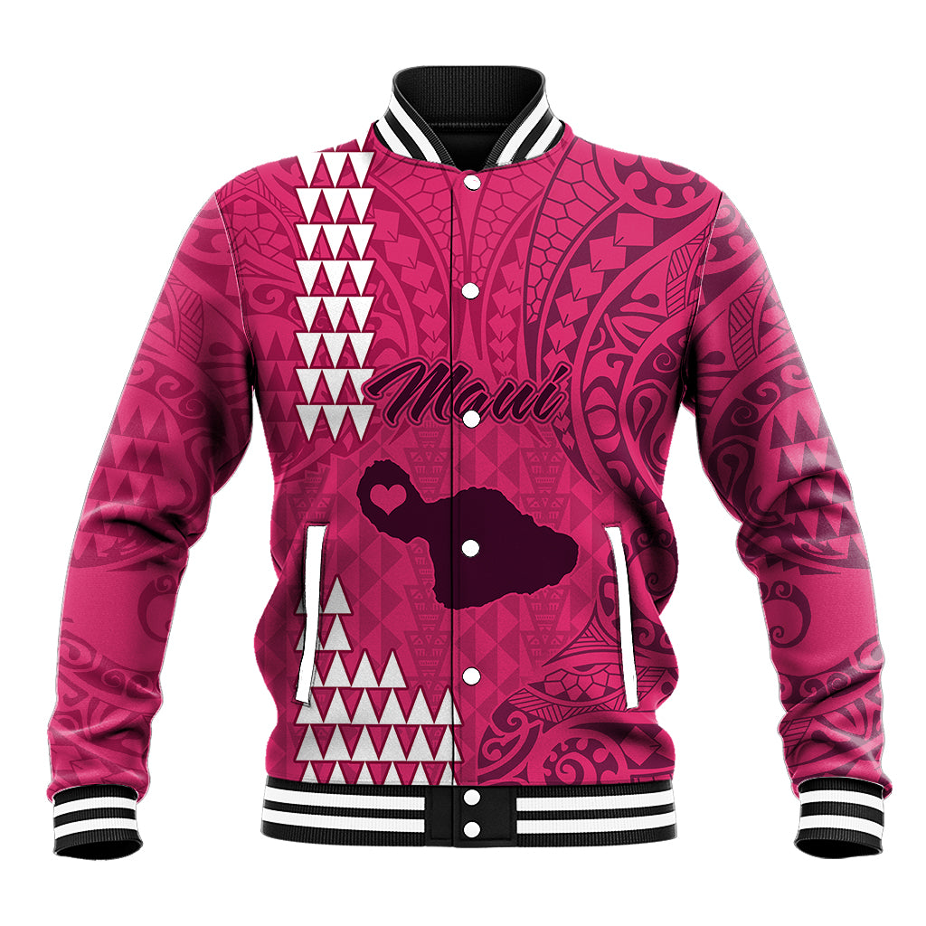 Pink baseball jacket with tribal Polynesian pattern, ribbed collar and button front