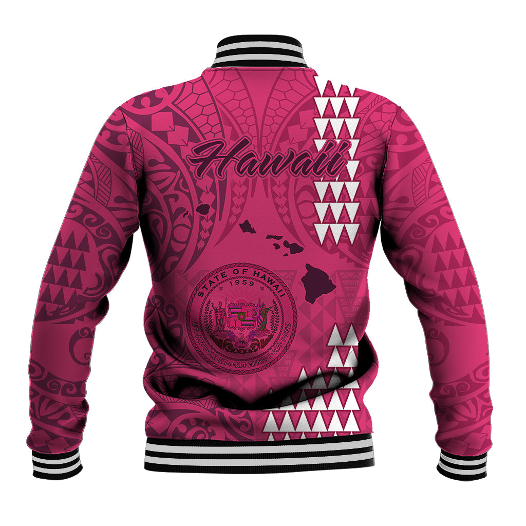 Pink baseball jacket back with tribal print, ribbed hem and striped collar cuffs