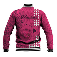 Pink baseball jacket back with tribal print, ribbed hem and striped collar cuffs