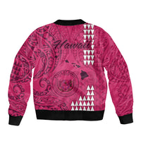 Pink bomber jacket back with tribal pattern, black ribbed hem and cuffs