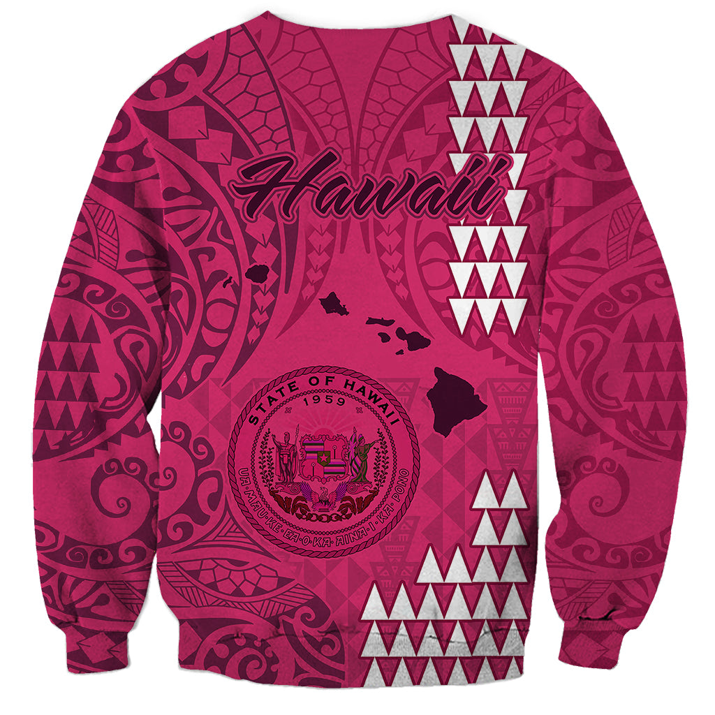 Pink unisex sweatshirt with Hawaii map, seal emblem, and tribal pattern on back