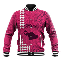 Pink tribal print baseball jacket with white striped collar, snap front and ribbed cuffs
