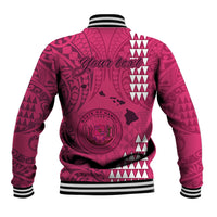 Pink tribal print baseball jacket with full back graphic, white striped ribbed collar and hem