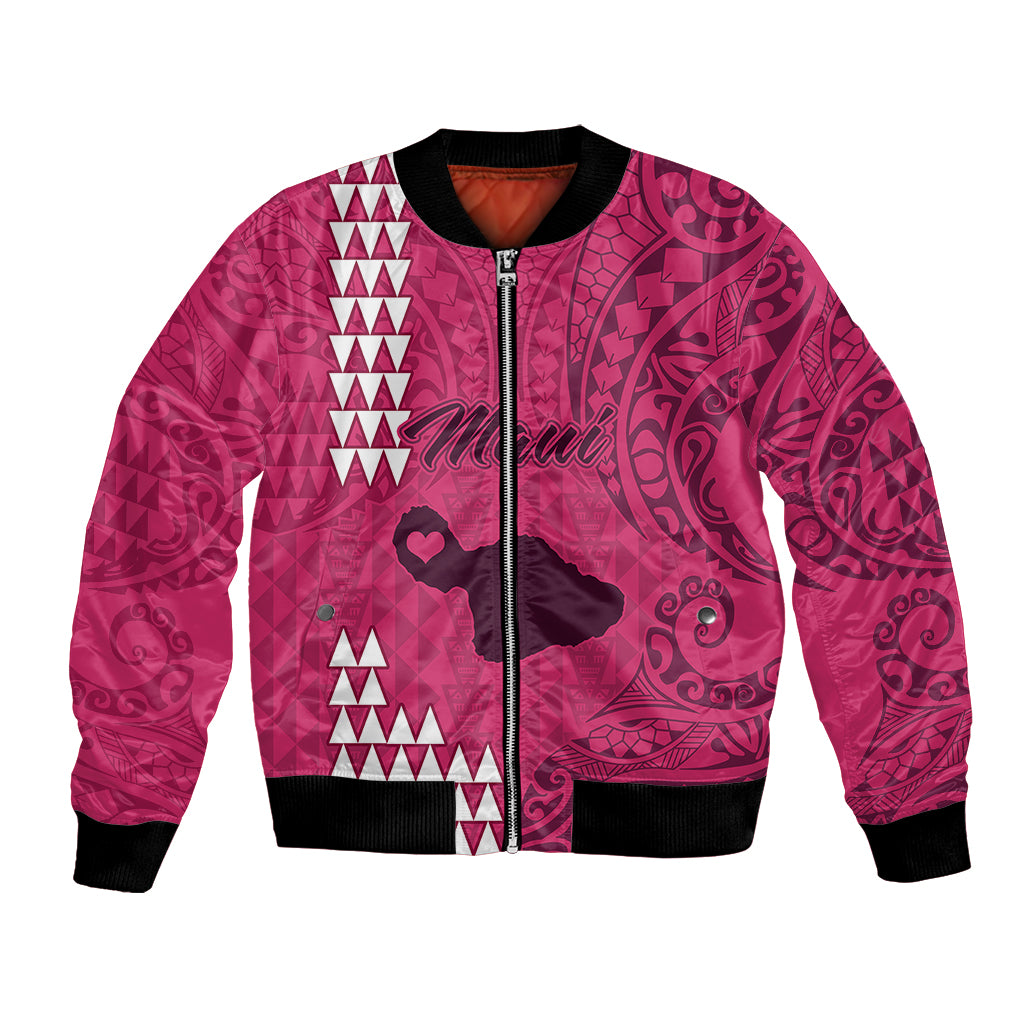 Pink bomber jacket with tribal Polynesian print, front zipper, and black ribbed trim.