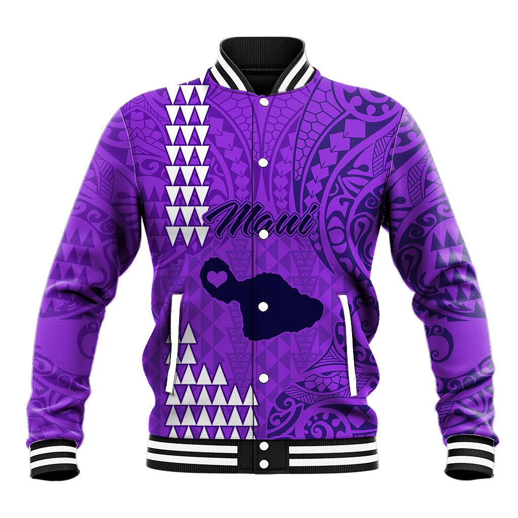 Purple baseball jacket with front snap buttons, tribal print, and striped ribbed collar