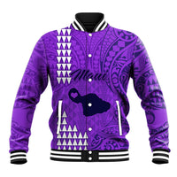 Purple baseball jacket with front snap buttons, tribal print, and striped ribbed collar