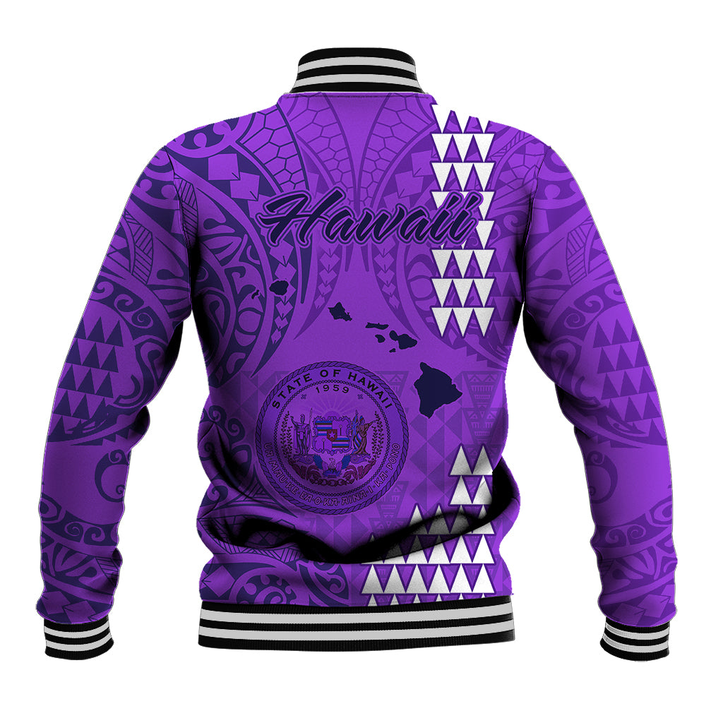 Purple baseball jacket back with Hawaiian map graphic, tribal pattern, and striped ribbed hem