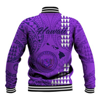 Purple baseball jacket back with Hawaiian map graphic, tribal pattern, and striped ribbed hem
