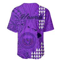 Purple baseball jersey with back script Hawaii, tribal patterns and crest graphic