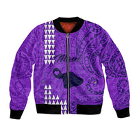 Purple zip-up bomber jacket with tribal mixed pattern, black rib trim and cuffs