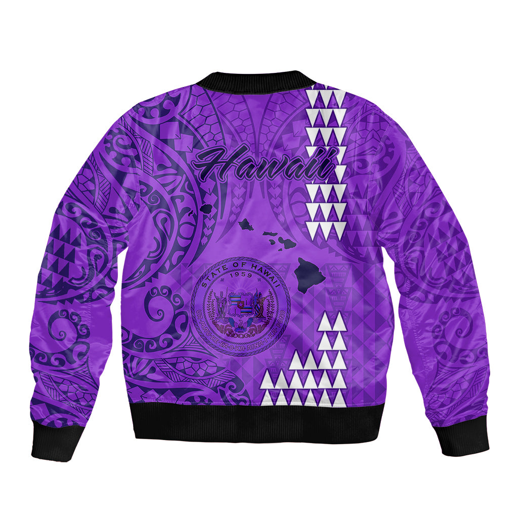 Purple bomber jacket back with large tribal graphic, black rib hem and cuffs