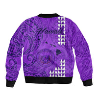 Purple bomber jacket back with large tribal graphic, black rib hem and cuffs