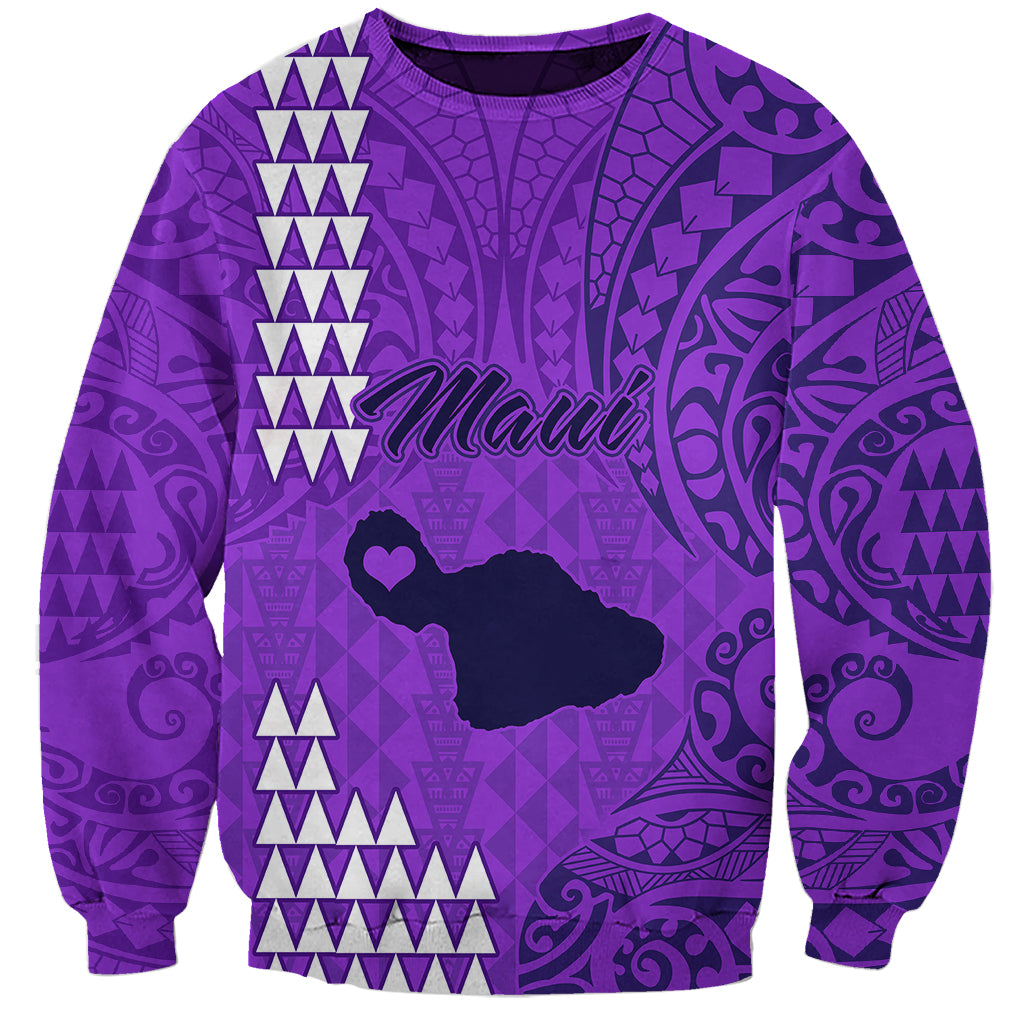 Purple unisex sweatshirt with Maui tribal print, crewneck and long sleeves