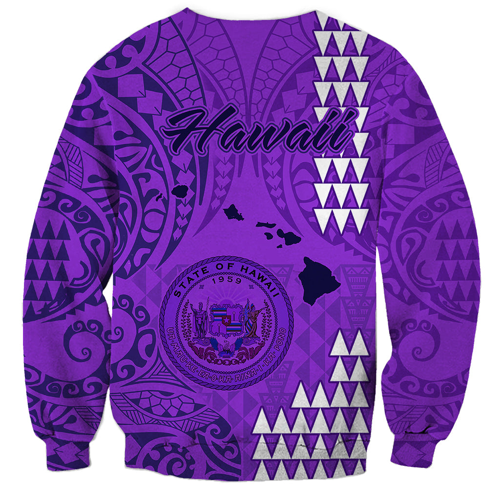 Purple unisex sweatshirt with Hawaiian back print, round emblem, crewneck, long sleeves