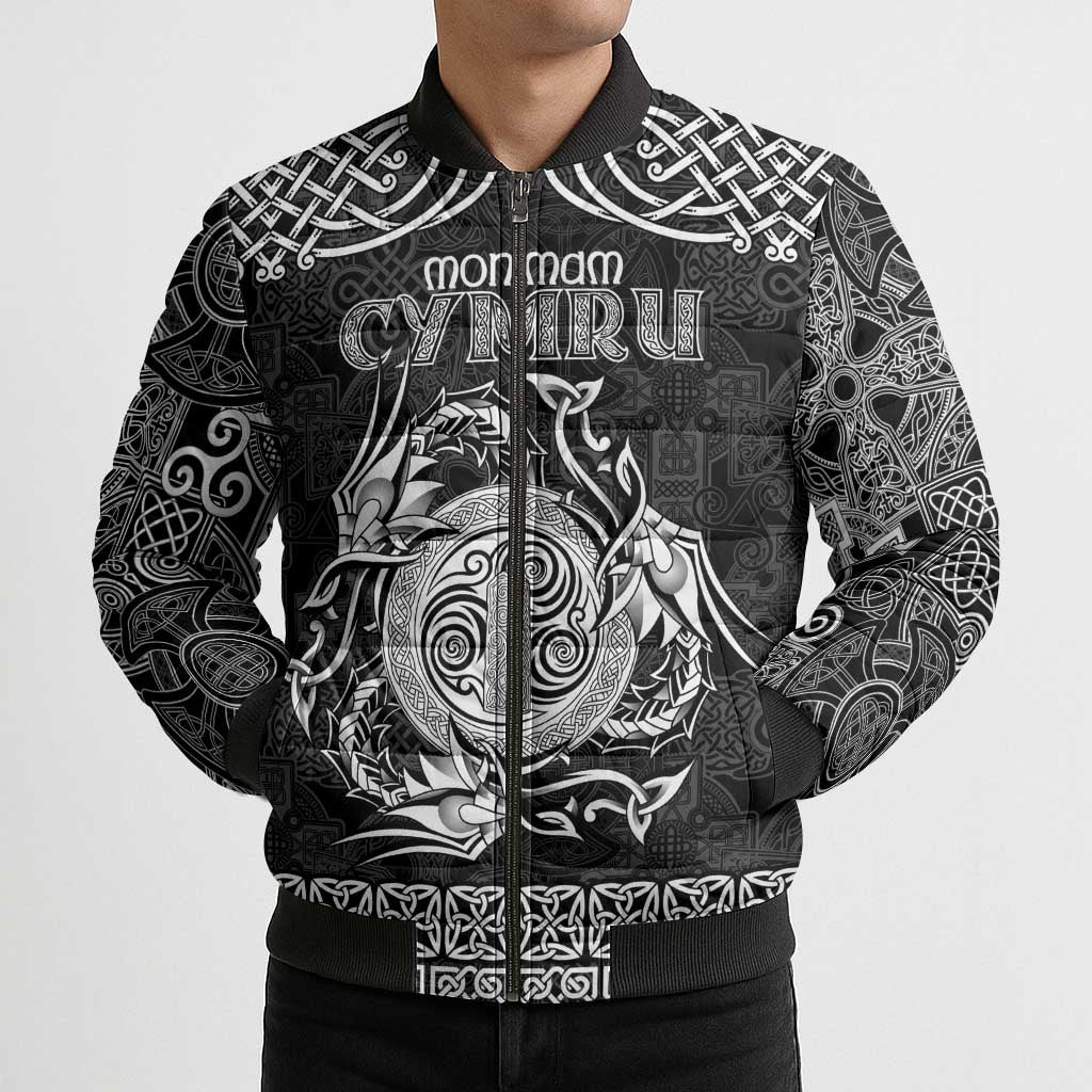 Personalized Anglesey Ynys Mon Bomber Puffer Jacket Black Standing Stone Celtic-inspired - Wonder Print Shop