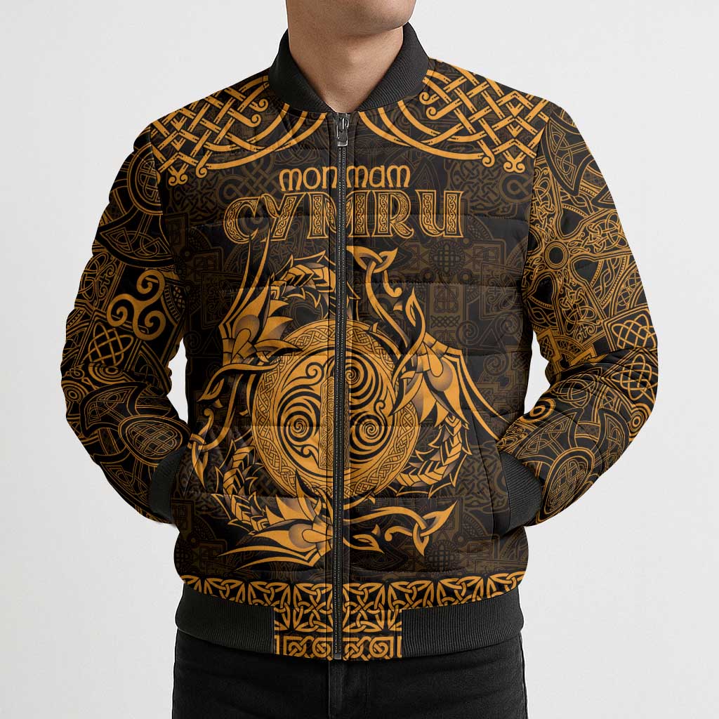 Personalized Anglesey Ynys Mon Bomber Puffer Jacket Gold Standing Stone Celtic-inspired - Wonder Print Shop