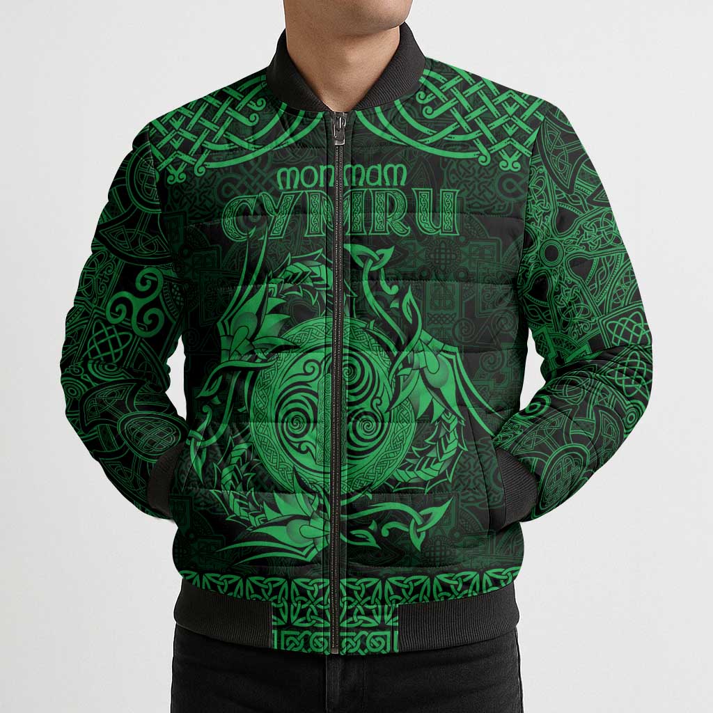 Personalized Anglesey Ynys Mon Bomber Puffer Jacket Green Standing Stone Celtic-inspired - Wonder Print Shop