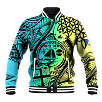 Unisex black baseball jacket with ribbed collar, striped cuffs, and colorful Polynesian print