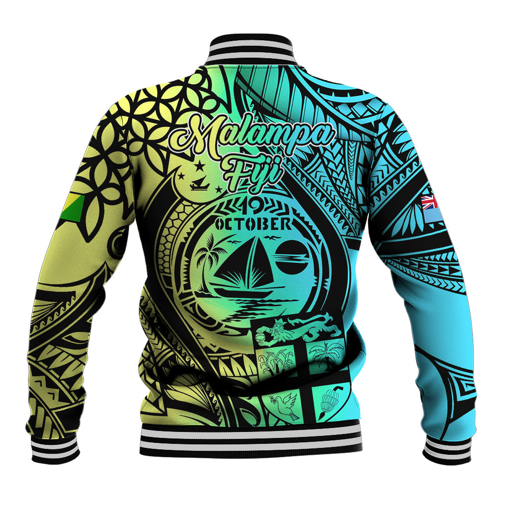 Unisex baseball jacket with ribbed striped hem and full back Polynesian graphic in teal and lime
