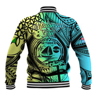 Unisex baseball jacket with ribbed striped hem and full back Polynesian graphic in teal and lime