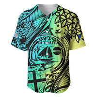 Black baseball jersey with teal and lime Polynesian pattern, button-up front