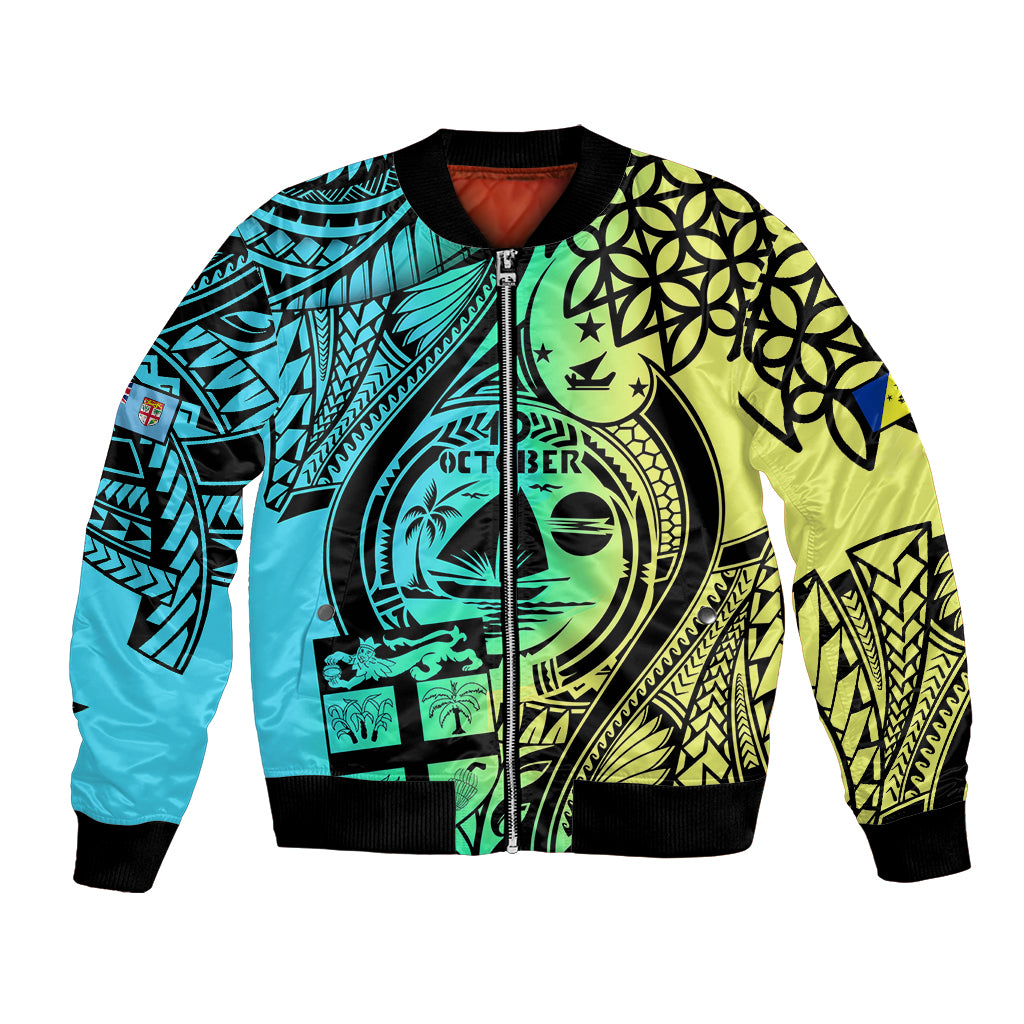 Unisex bomber jacket with black ribbed collar, teal and lime Polynesian print zip front