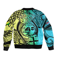 Unisex bomber jacket back with Malampa Fiji text and teal, lime nautical graphic