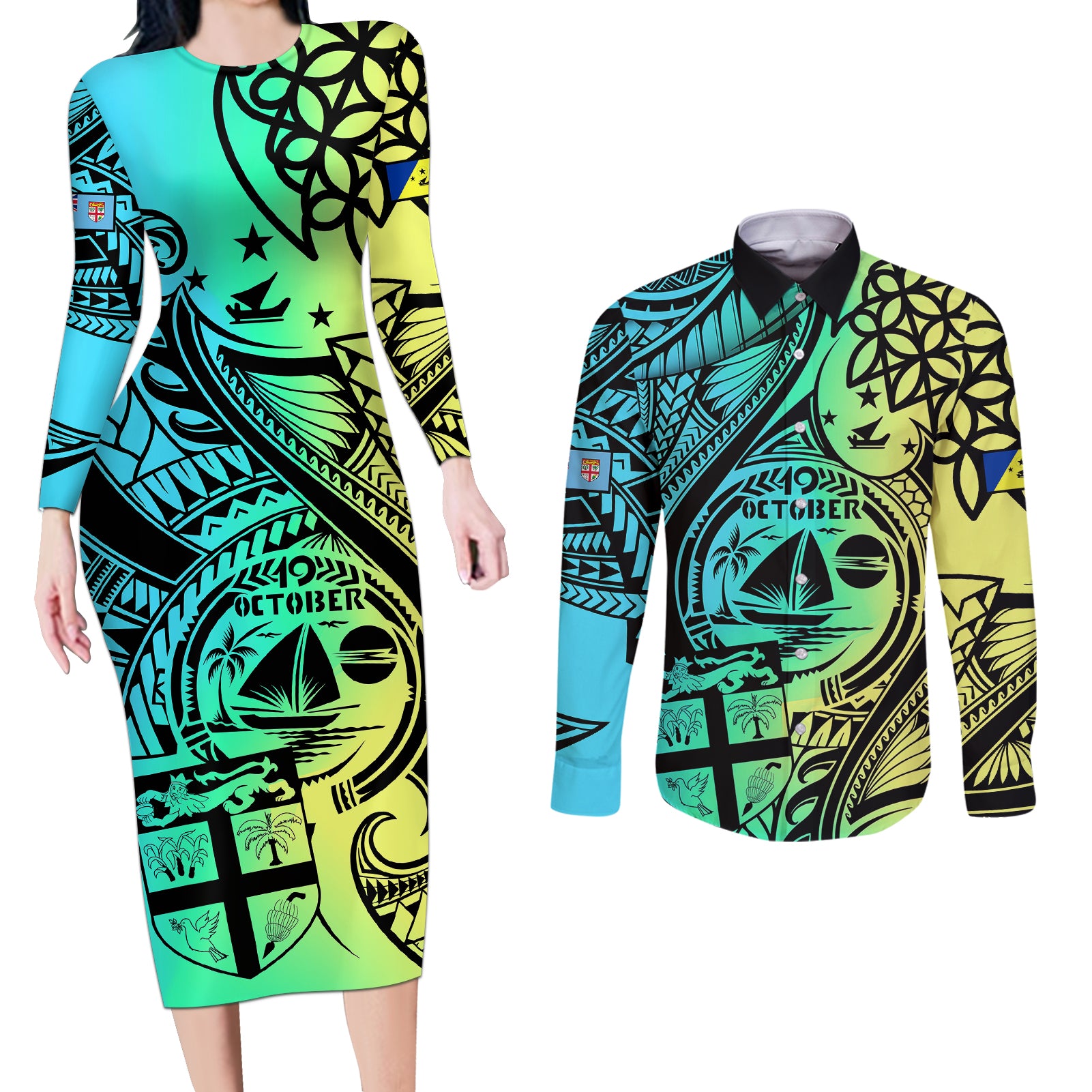 Malampa Fiji Day Couples Matching Long Sleeve Bodycon Dress and Long Sleeve Button Shirts Vanuatu Sand Drawing With Polynesian Pattern LT9 - Wonder Print Shop