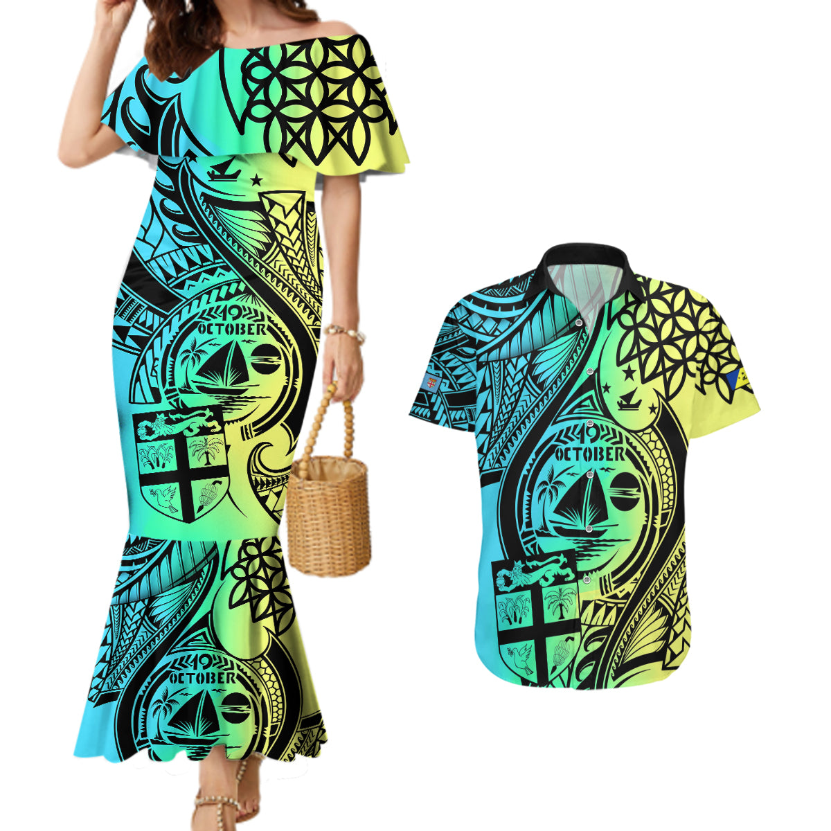 Malampa Fiji Day Couples Matching Mermaid Dress and Hawaiian Shirt Vanuatu Sand Drawing With Polynesian Pattern LT9 - Wonder Print Shop