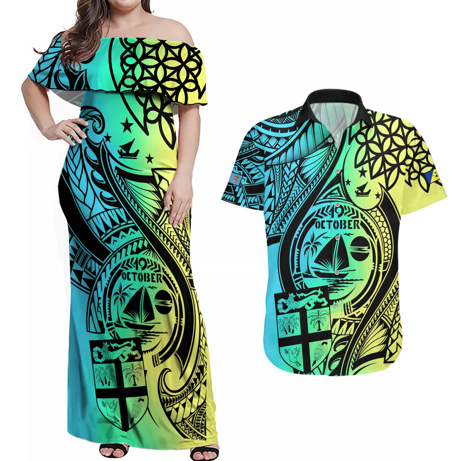 Malampa Fiji Day Couples Matching Off Shoulder Maxi Dress and Hawaiian Shirt Vanuatu Sand Drawing With Polynesian Pattern LT9 - Wonder Print Shop