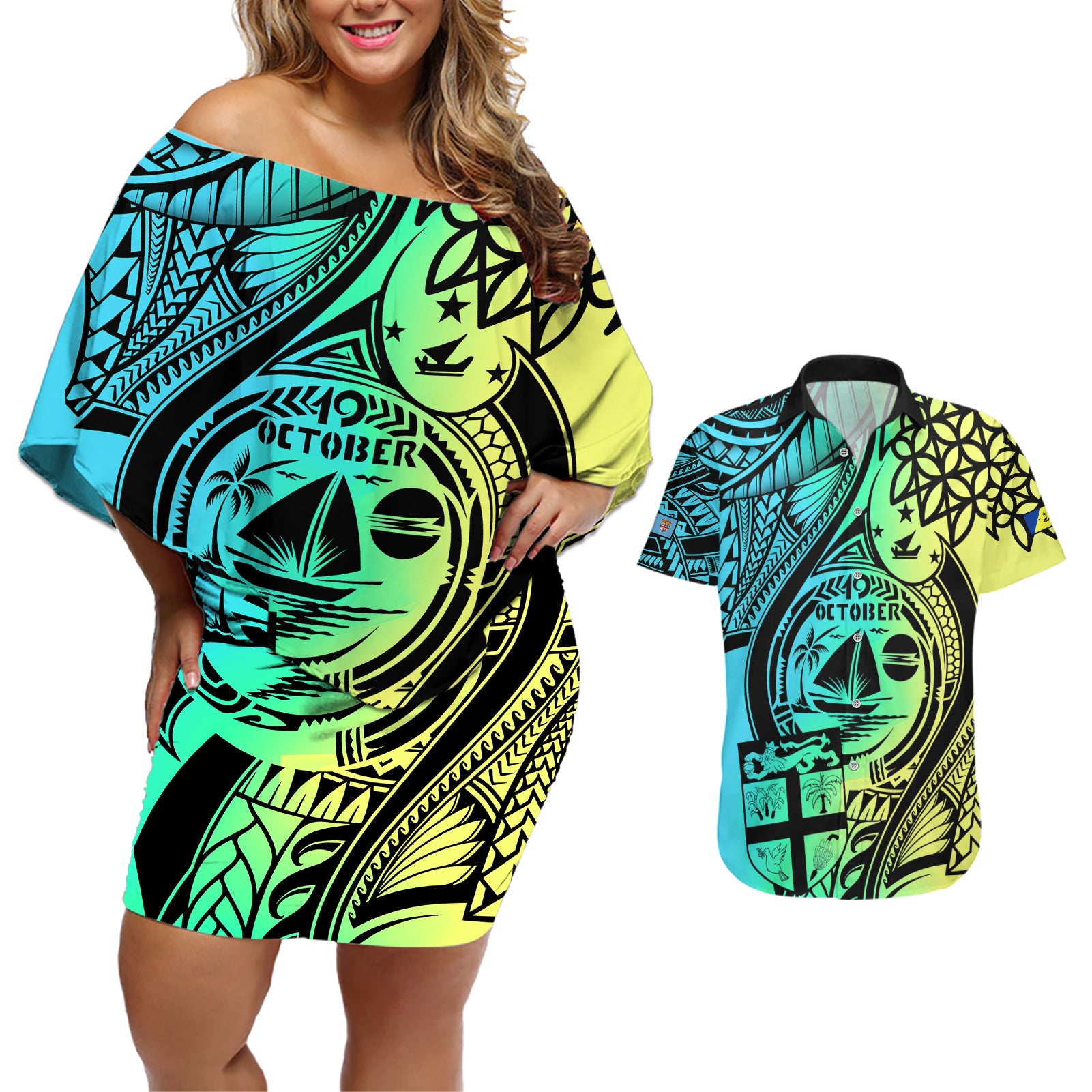 Malampa Fiji Day Couples Matching Off Shoulder Short Dress and Hawaiian Shirt Vanuatu Sand Drawing With Polynesian Pattern LT9 - Wonder Print Shop