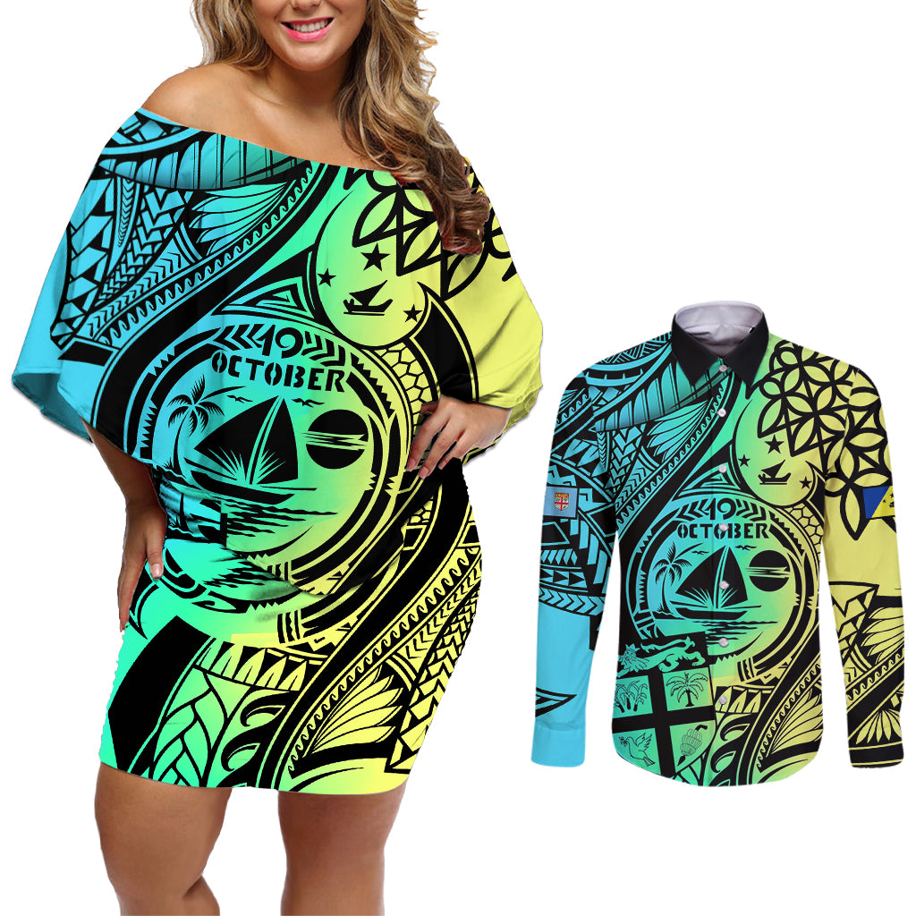 Malampa Fiji Day Couples Matching Off Shoulder Short Dress and Long Sleeve Button Shirts Vanuatu Sand Drawing With Polynesian Pattern LT9 - Wonder Print Shop