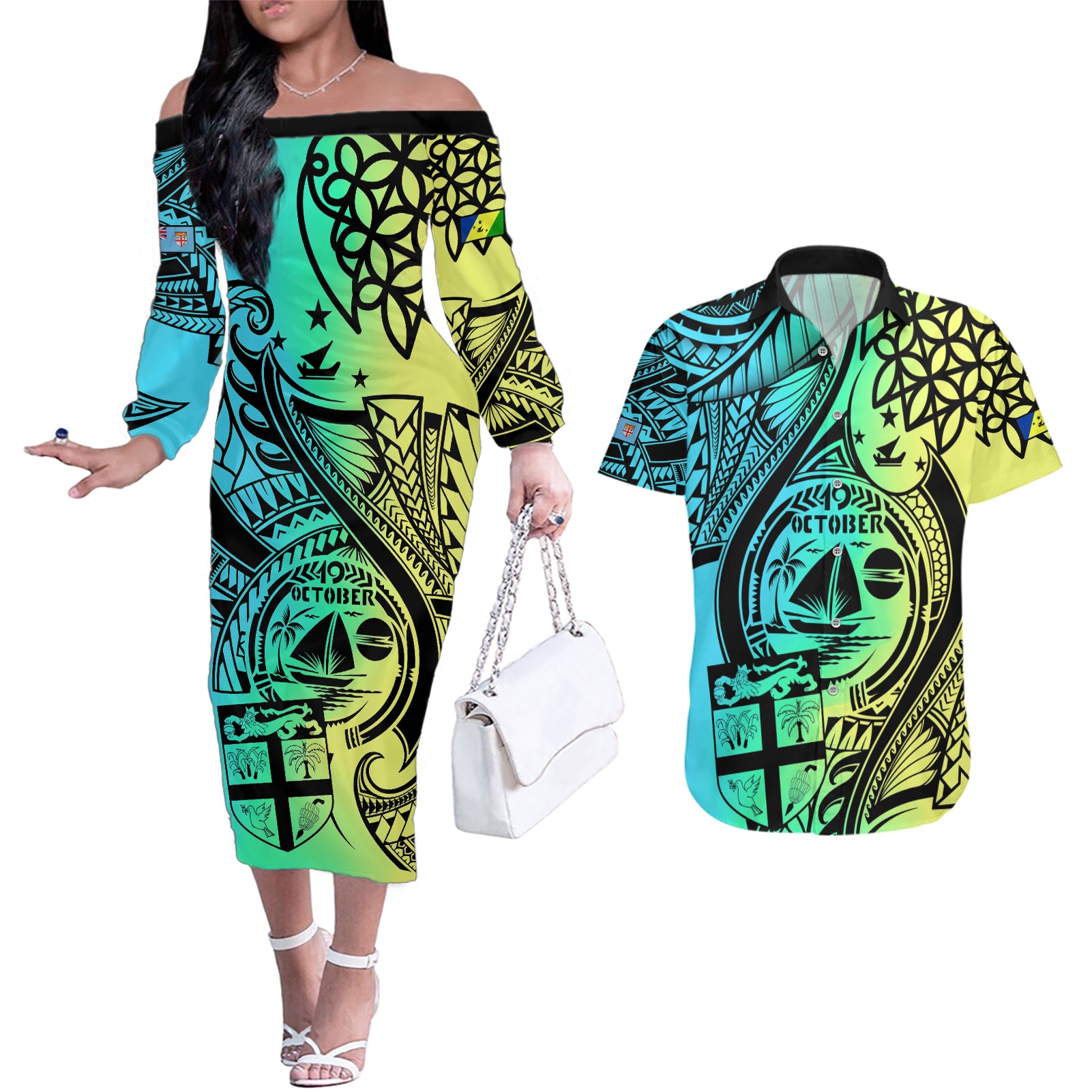 Malampa Fiji Day Couples Matching Off The Shoulder Long Sleeve Dress and Hawaiian Shirt Vanuatu Sand Drawing With Polynesian Pattern LT9 - Wonder Print Shop