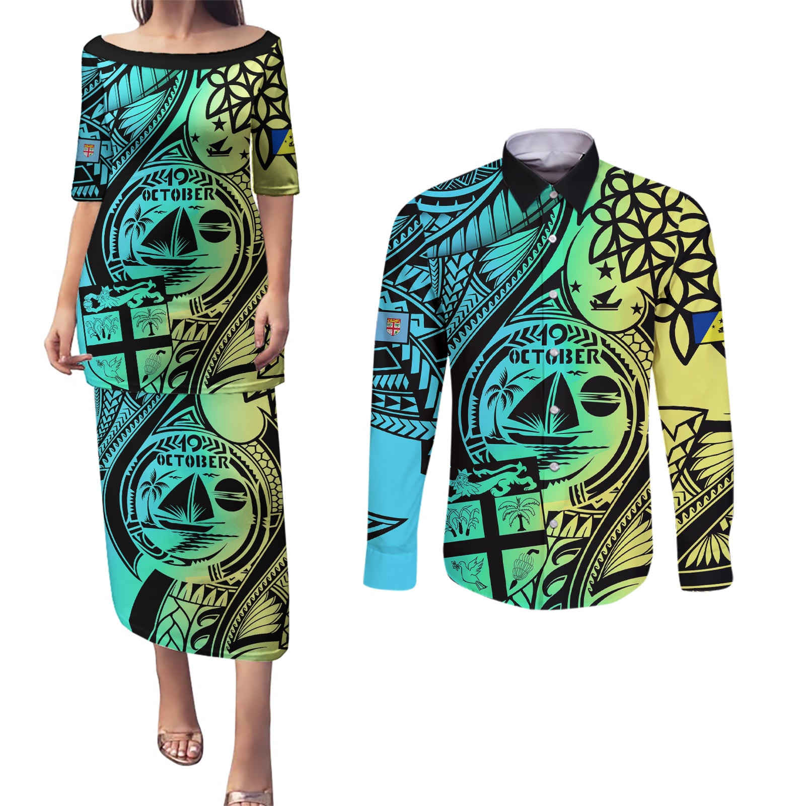 Malampa Fiji Day Couples Matching Puletasi Dress and Long Sleeve Button Shirts Vanuatu Sand Drawing With Polynesian Pattern LT9 - Wonder Print Shop