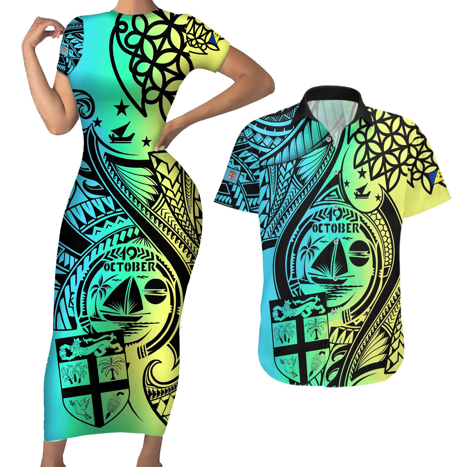 Malampa Fiji Day Couples Matching Short Sleeve Bodycon Dress and Hawaiian Shirt Vanuatu Sand Drawing With Polynesian Pattern LT9 - Wonder Print Shop