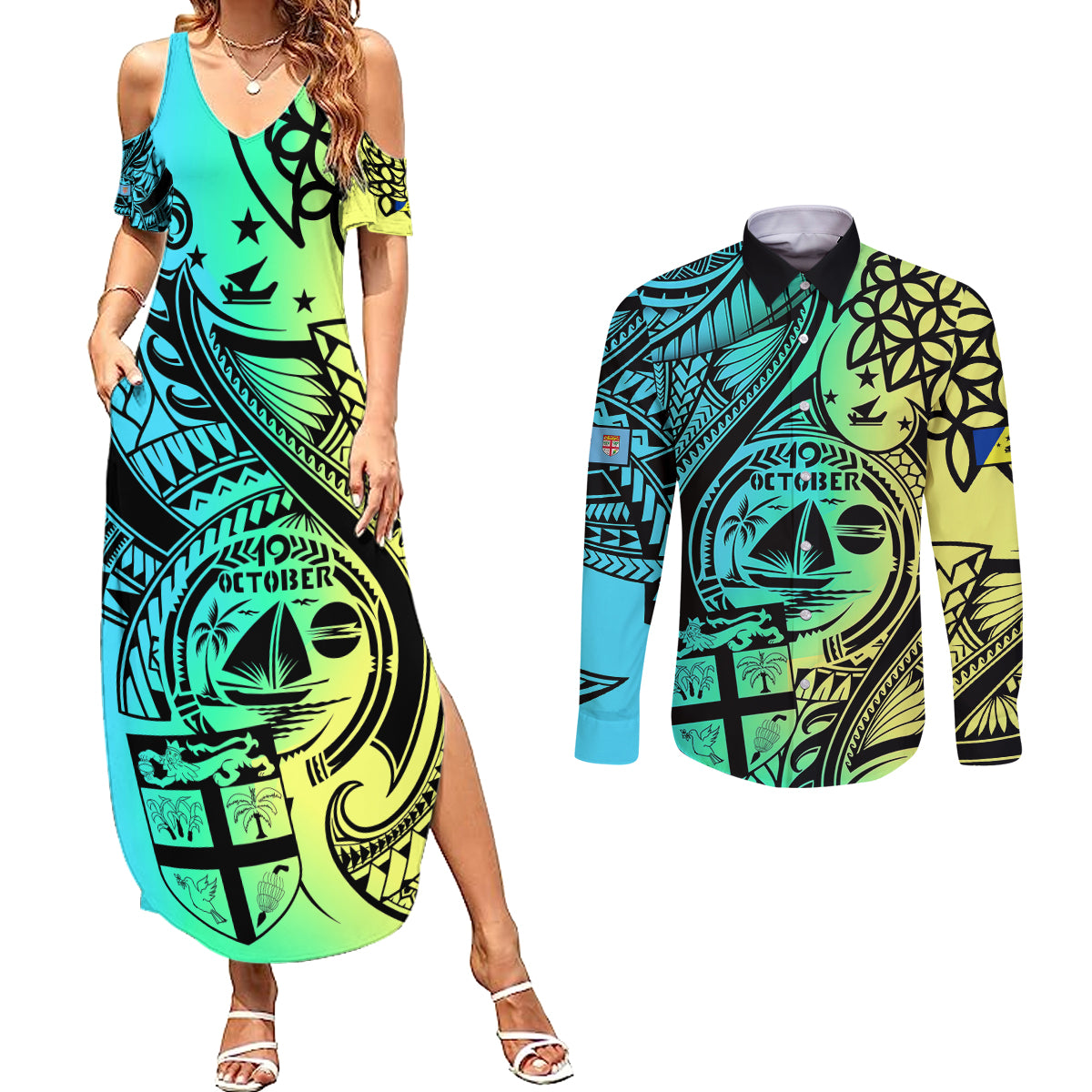 Malampa Fiji Day Couples Matching Summer Maxi Dress and Long Sleeve Button Shirts Vanuatu Sand Drawing With Polynesian Pattern LT9 - Wonder Print Shop