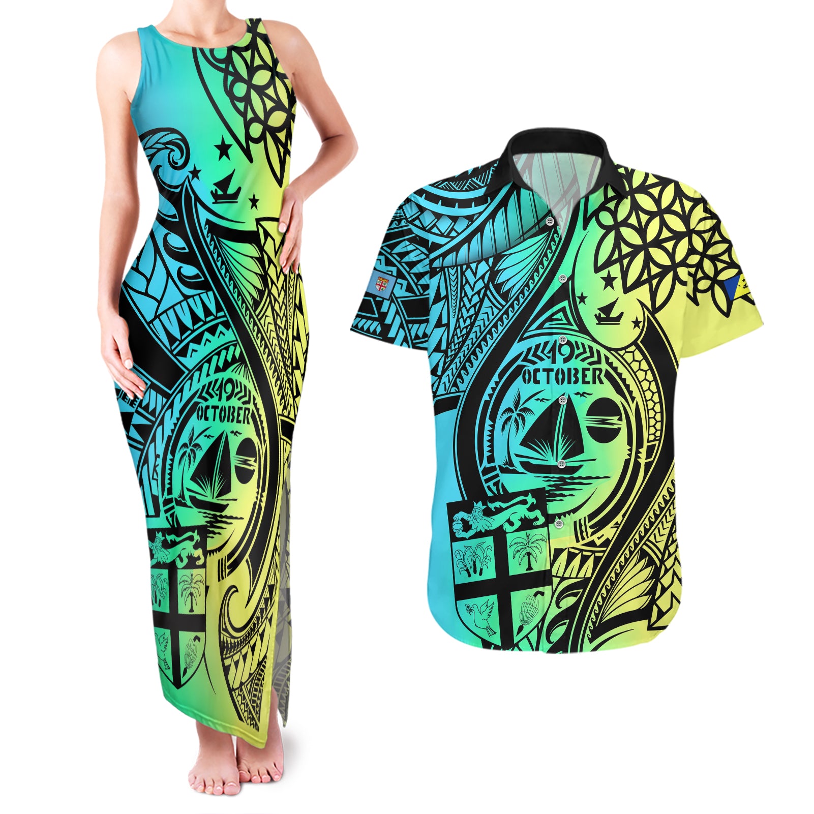 Malampa Fiji Day Couples Matching Tank Maxi Dress and Hawaiian Shirt Vanuatu Sand Drawing With Polynesian Pattern LT9 - Wonder Print Shop