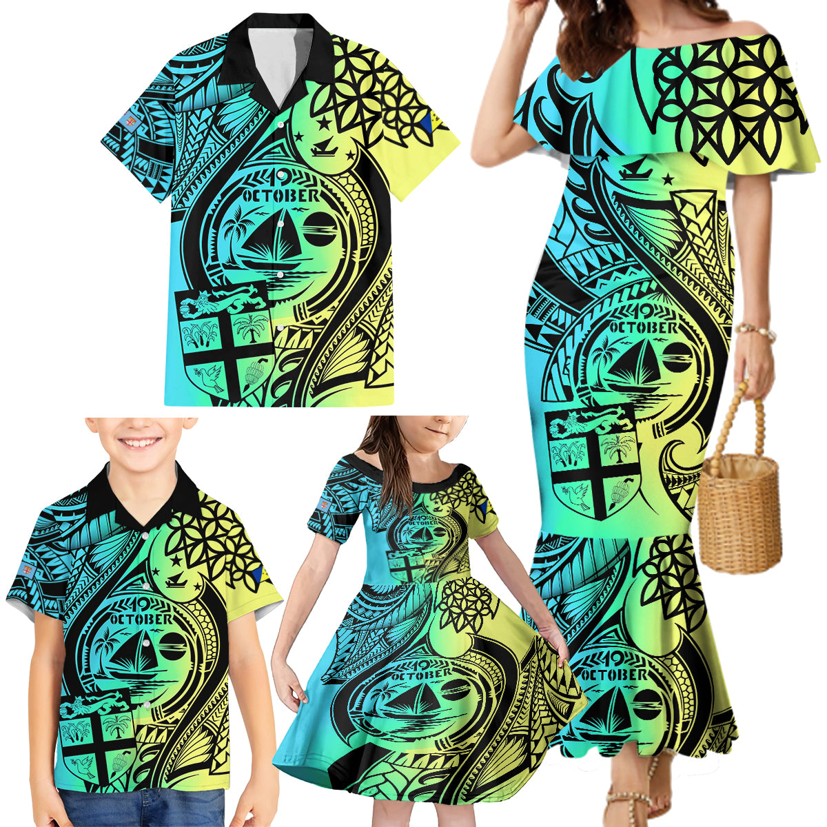 Malampa Fiji Day Family Matching Mermaid Dress and Hawaiian Shirt Vanuatu Sand Drawing With Polynesian Pattern LT9 - Wonder Print Shop