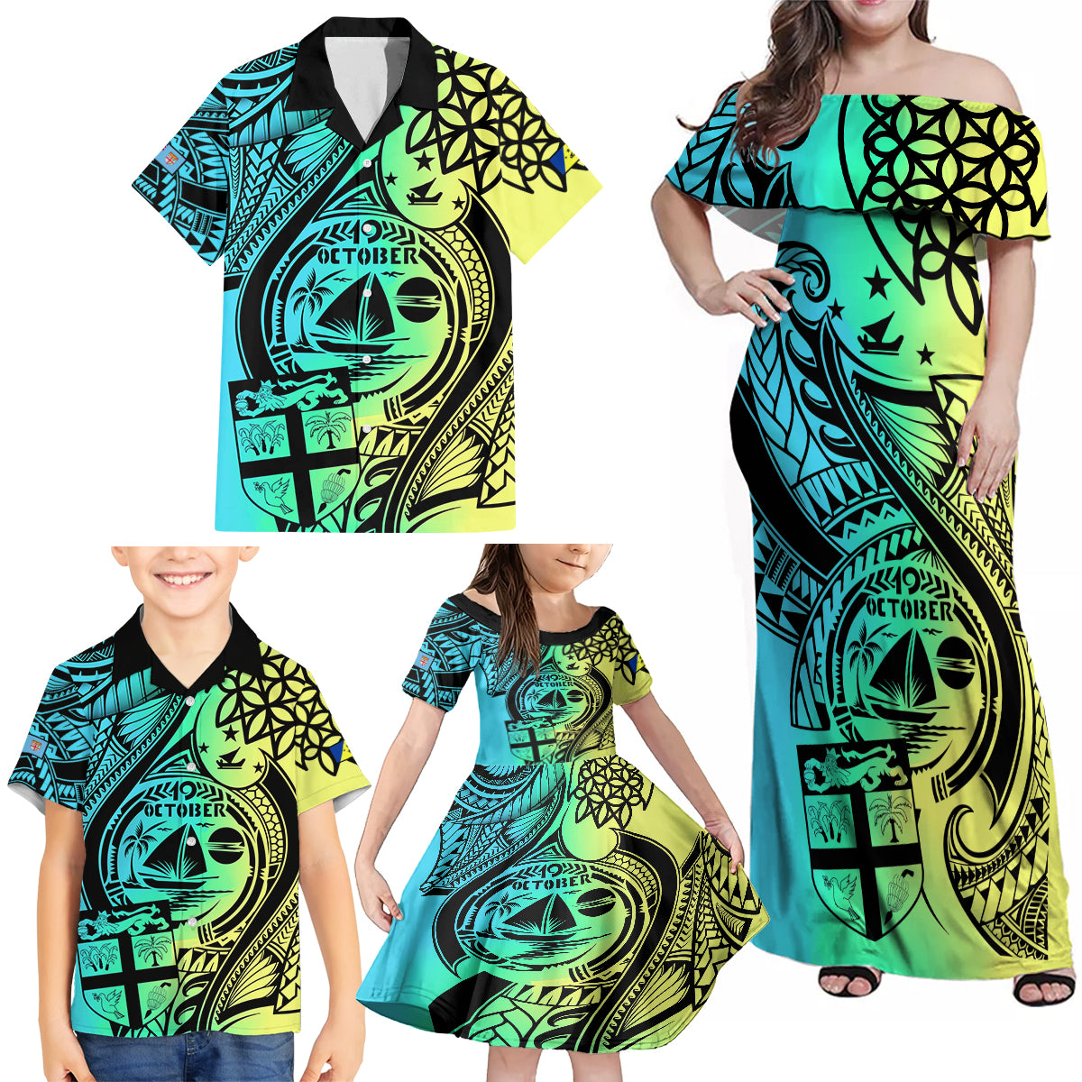 Malampa Fiji Day Family Matching Off Shoulder Maxi Dress and Hawaiian Shirt Vanuatu Sand Drawing With Polynesian Pattern LT9 - Wonder Print Shop